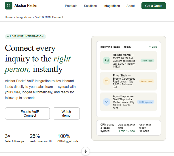 Akshar Packs VoIP and CRM integration screen