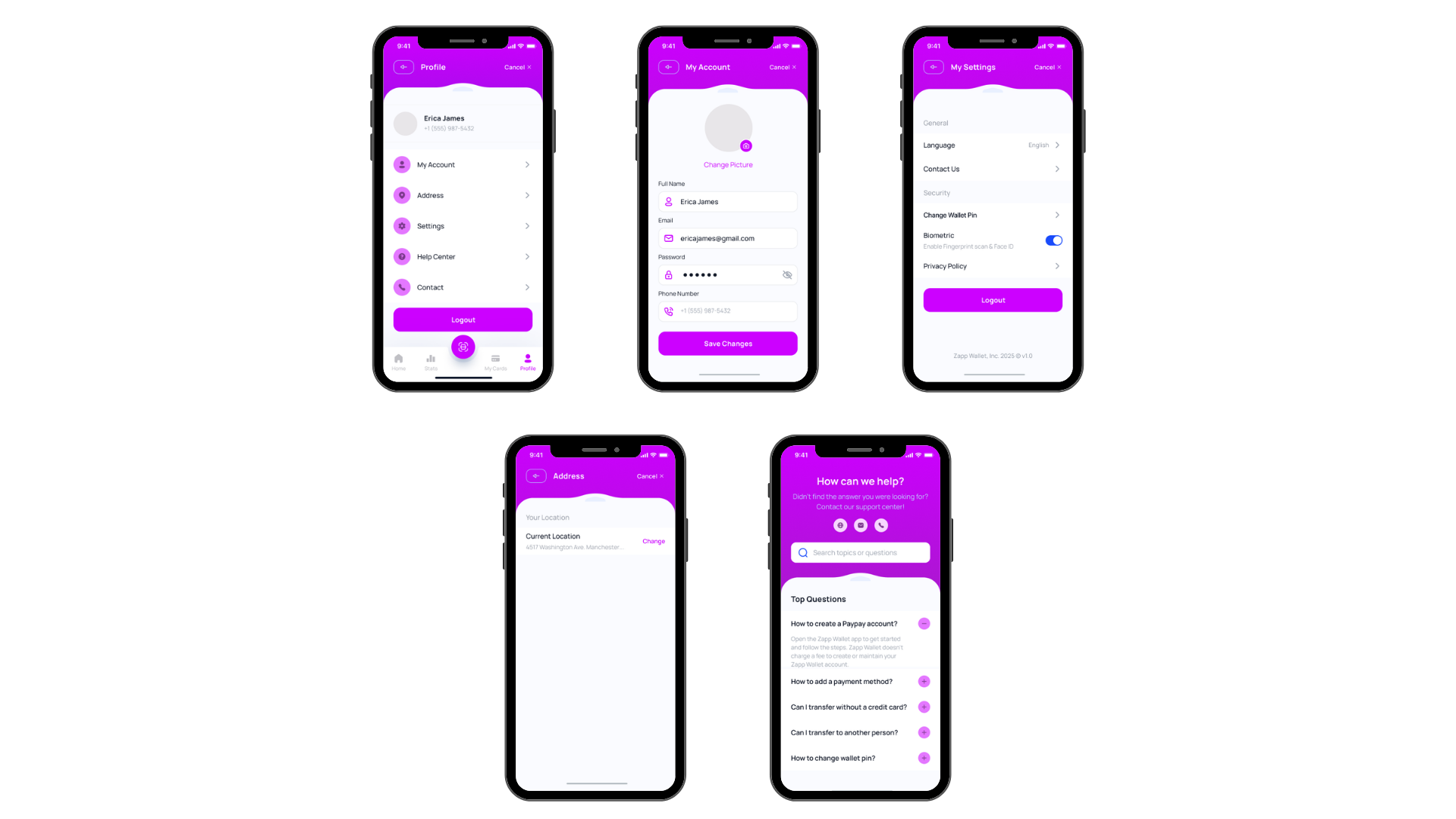 Zapp Wallet profile, settings, and security screens