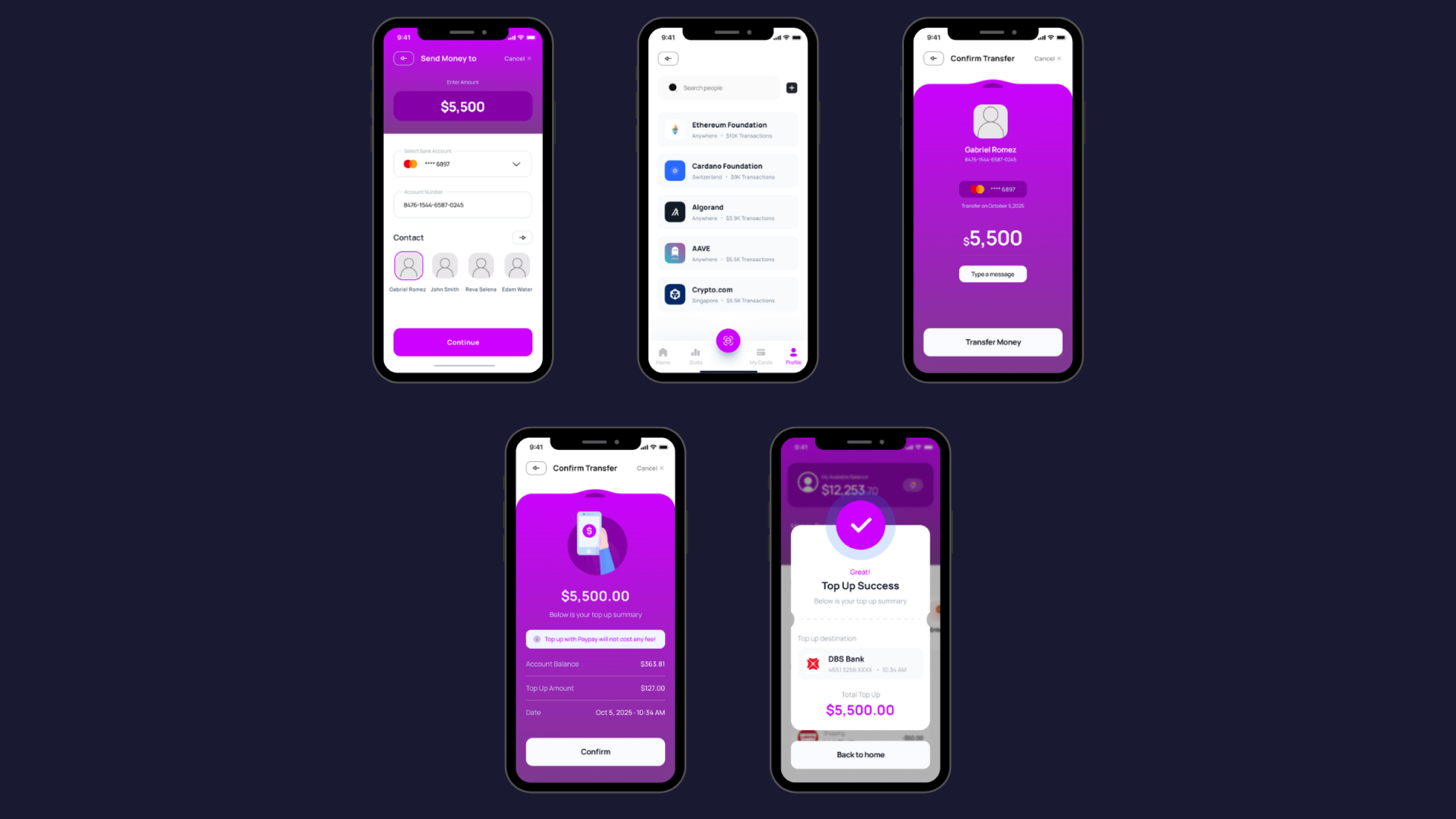 Zapp Wallet send money flow screens