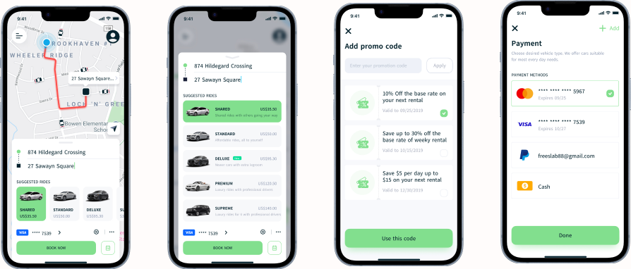 EasyGo ride booking and payment screens