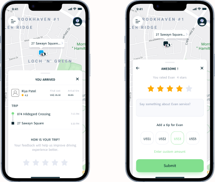 EasyGo tipping, rating, and trip completion screens