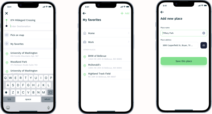 EasyGo pickup and destination selection screens