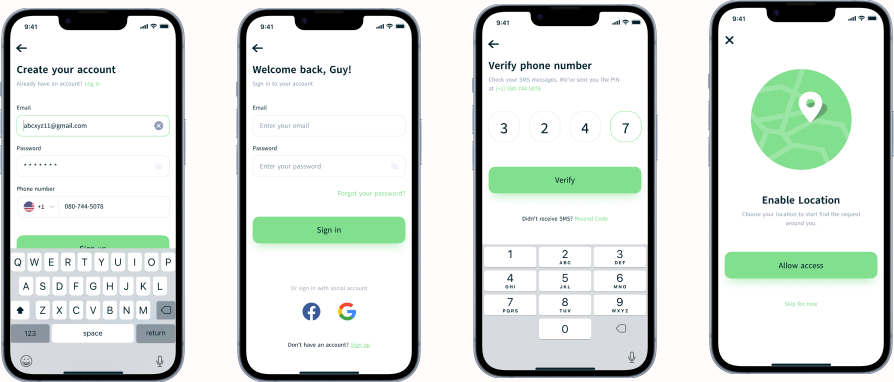 EasyGo onboarding and login screens