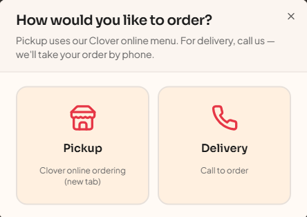 Pickup and delivery choice step in the ordering flow