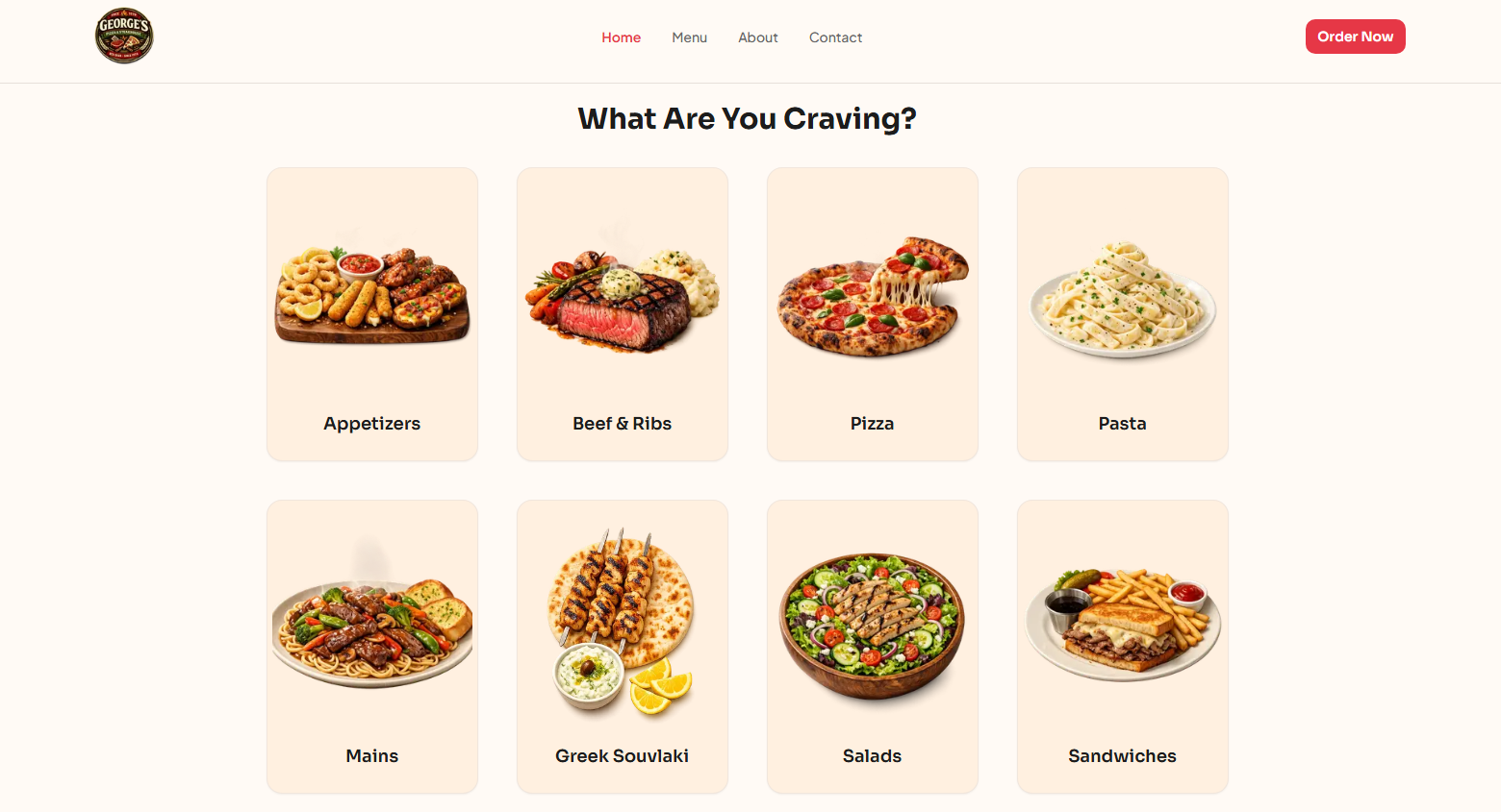 Menu grid with clear categories and product cards
