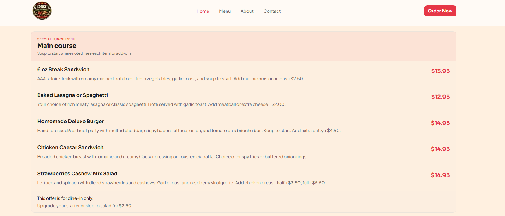 Menu list emphasizing hierarchy and pricing