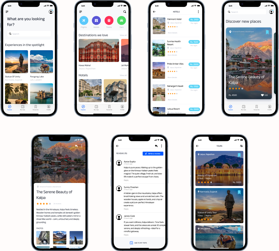 TripOn home, search, and destination discovery screens