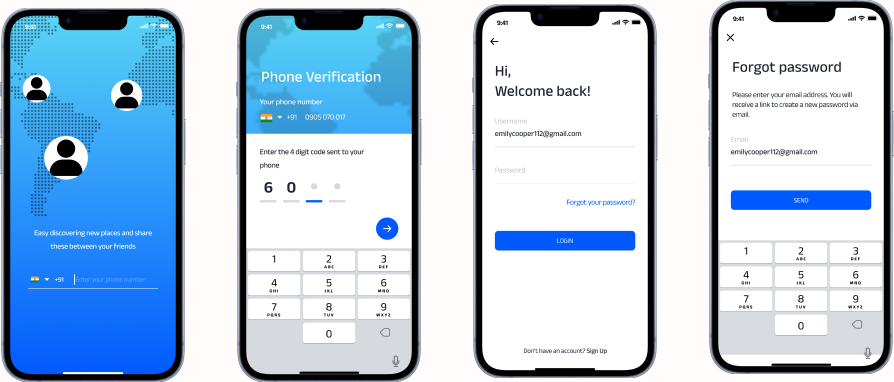 TripOn onboarding and login screens