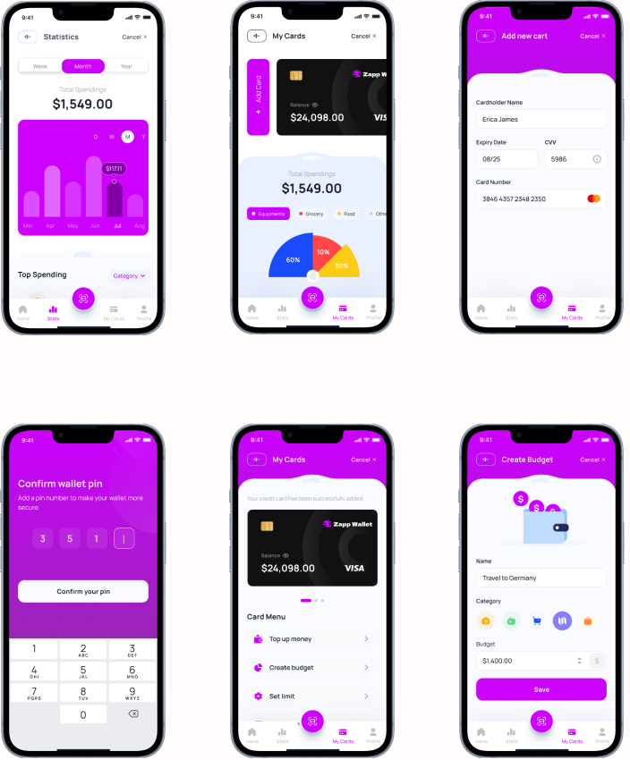 Cards, balances, and top-up management screens