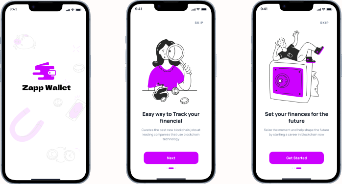 Zapp Wallet splash and onboarding screens