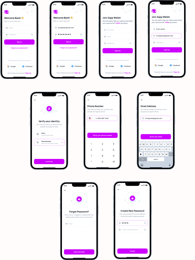 Onboarding and authentication screen grid
