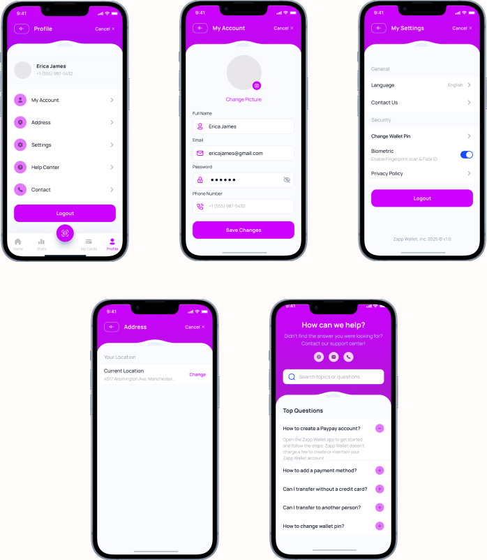 Profile, security, and settings screens